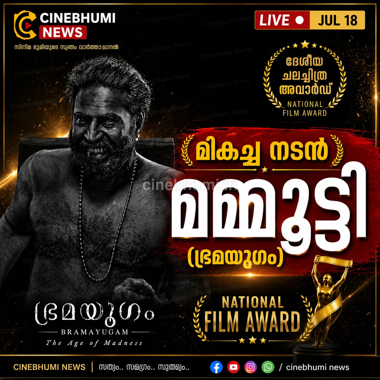 എഴുപത്തി രണ്ടാമത് ദേശീയ ചലച്ചിത്ര പുരസ്‌കാരങ്ങള്‍ പ്രഖ്യാപിച്ചു. മികച്ച നടന്‍ മമ്മൂട്ടി